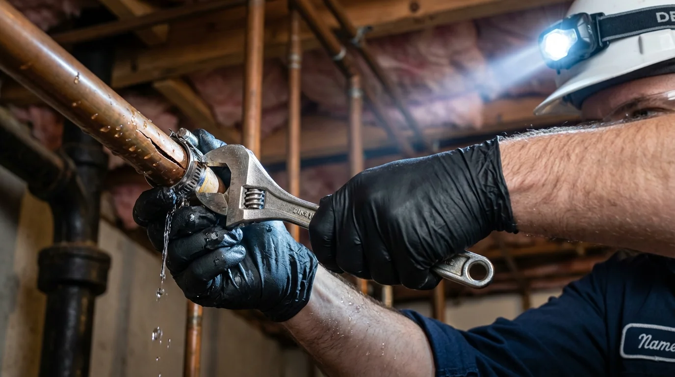 Emergency pipe clamp repair being performed by a Johns Plumbing LLC plumber in Lockhart
