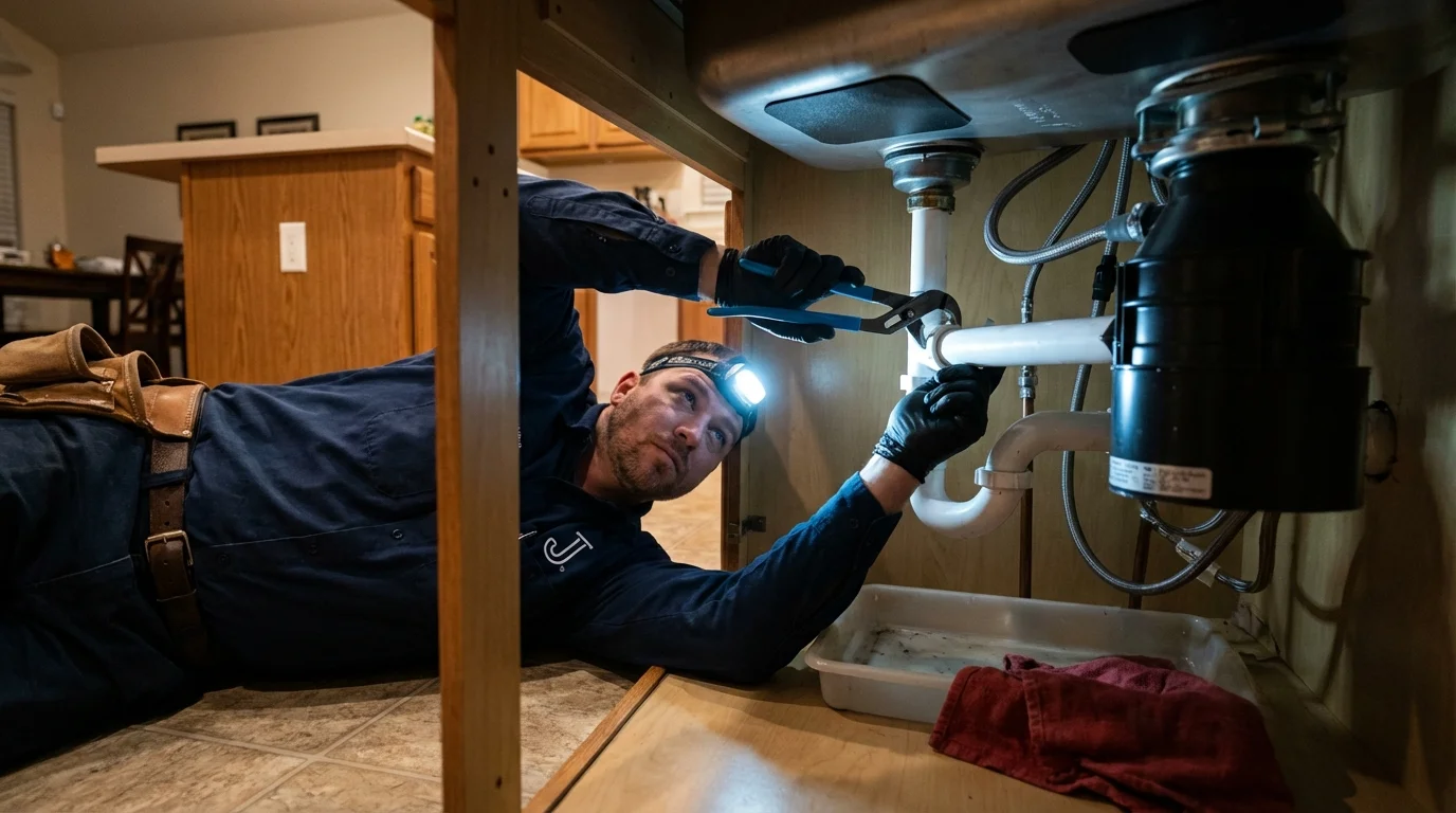 P-trap and supply line connections under a kitchen sink showing a common leak point in Lockhart, TX
